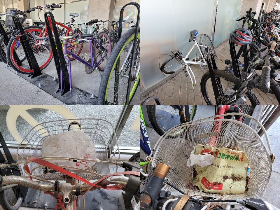 춘천 대분분의 자전거 보관소에서는 제 기능을 잃고 일부분만 남아 방친된 자전거를 발견할 수 있다. 방치된 자전거의 녹슨 바구니에는 언제 버려진지 모를 쓰레기들이 쌓여있다. (사진=조아서 기자)
