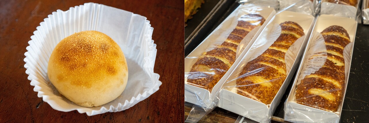 정준영 상무가 연구해 만든 감자빵(왼쪽)과 토마토빵. (사진=서충식 기자)