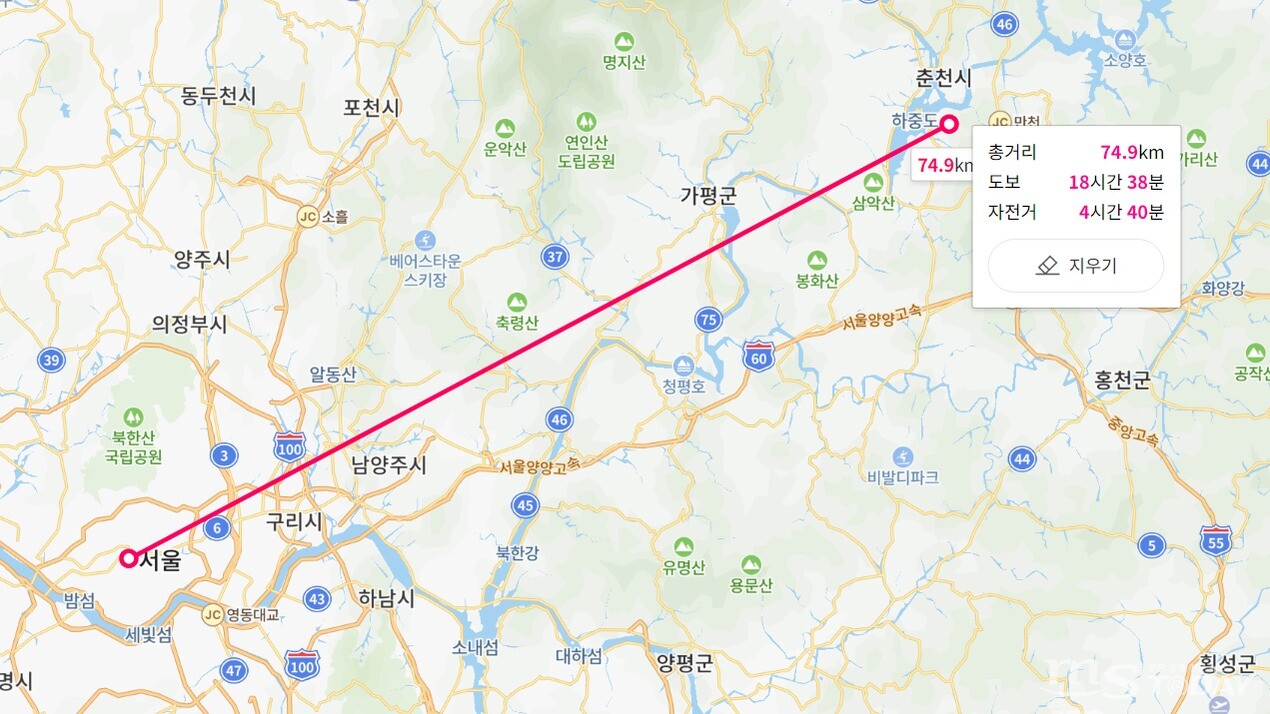 서울시청에서 춘천시까지의 거리는 74.9㎞로 광역철도 건설 기준을 벗어난다. (사진=네이버 지도 갈무리)