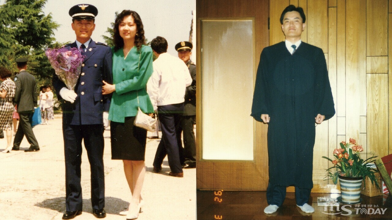공군 대위로 군복무를 하던 김진태 당선인과 그의 아내(왼쪽), 초임 검사 시절의 김 당선인. (사진=김진태 캠프)