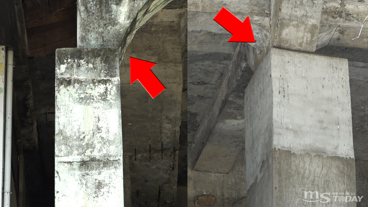 옛 강촌역 피암터널을 받치는 하부구조 기둥이 어긋나있다. (사진=이정욱 기자)