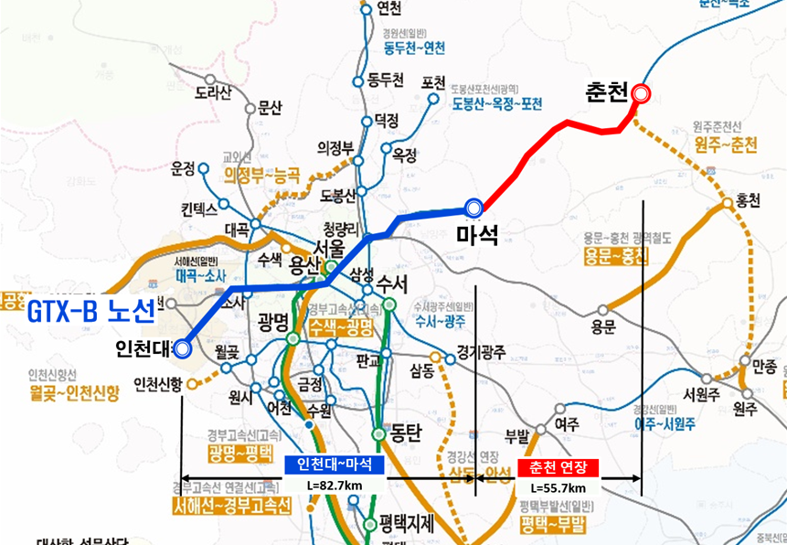 수도권광역급행철도 GTX-B 춘천 연장 포함 노선도. (사진=강원특별자치도)
