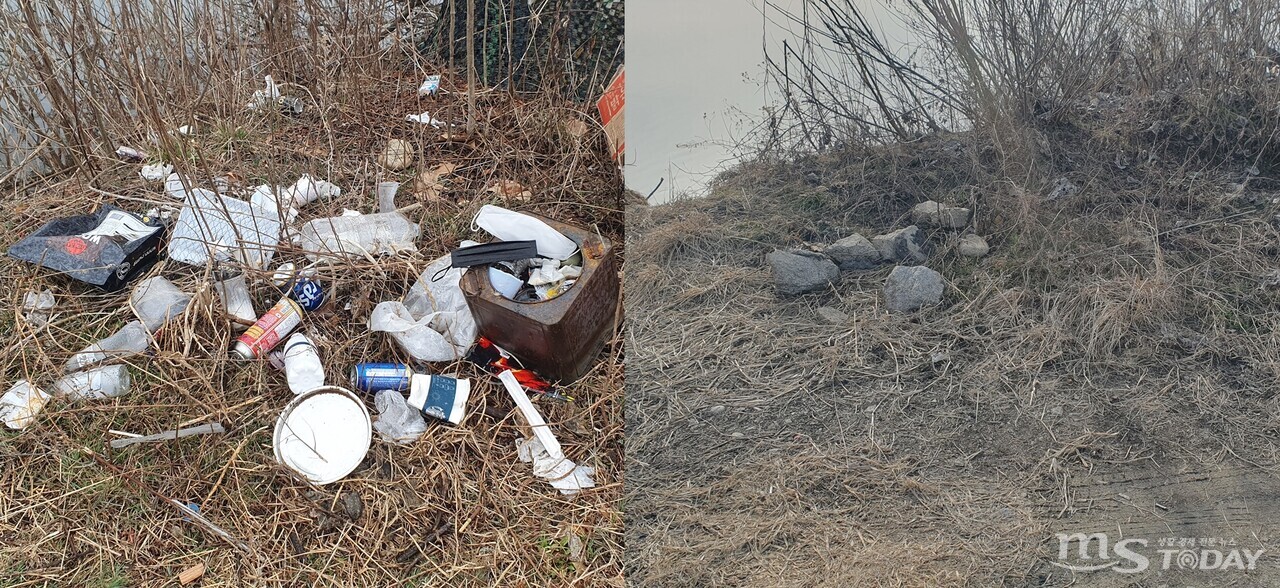 춘천 사농동에 있는 고구마섬에 버려진 쓰레기(왼쪽)가 지난 4일 모두 수거됐다(오른쪽). (사진=이종혁 기자)
